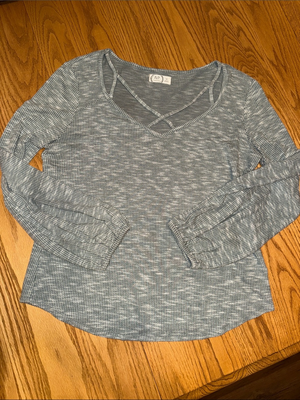 Cozy Crisscross Neck Long-Sleeve Top - Heather Blue